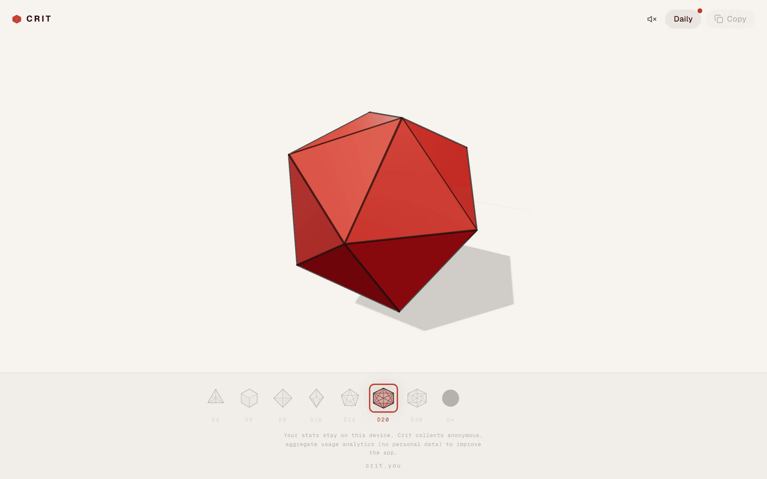 crit.you homepage, a red d20 above the dice picker